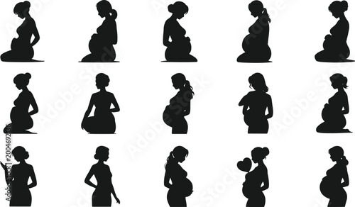 Set of 15 pregnant woman silhouettes in various poses, kneeling and standing, motherhood and pregnancy concept