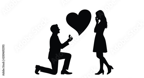 Canvas Print man proposing to woman with heart shape black silhouette
