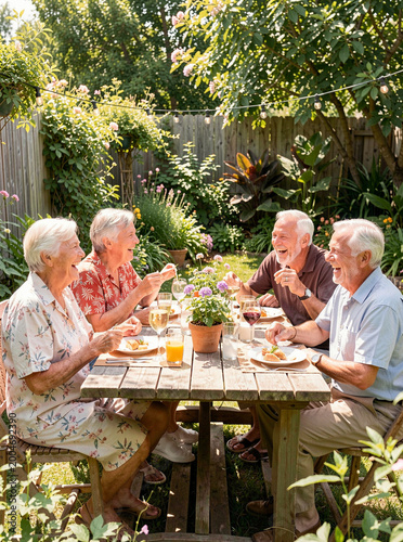 A group of elderly friends enjoying a meal together on an outdoor patio, surrounded by nature.
