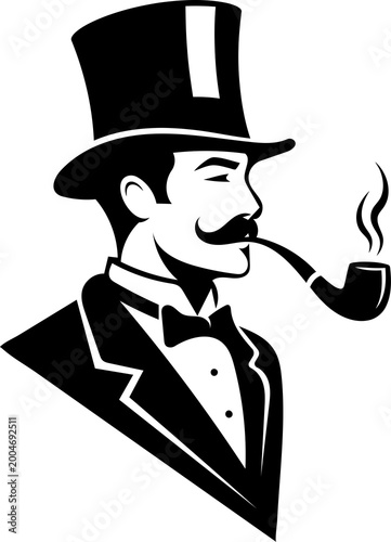 Elegant gentleman with top hat and pipe vintage silhouette icon design