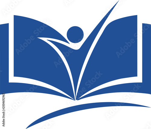Symbolic logo open book with rising figure representing knowledge and growth
