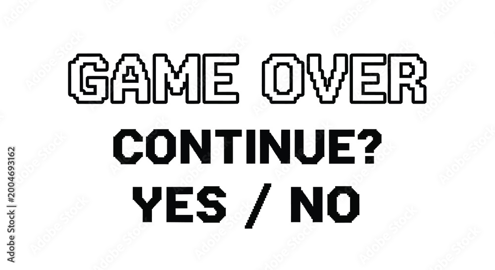 Fototapeta premium Game over screen with continue options pixel art silhouette