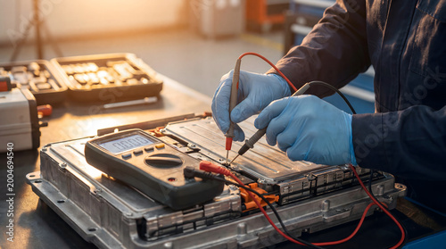 Technician testing electric vehicle battery pack with multimeter in repair workshop
