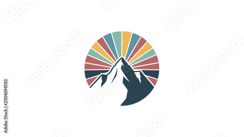 Stylized mountain peak with radiating colorful sunburst within a circle