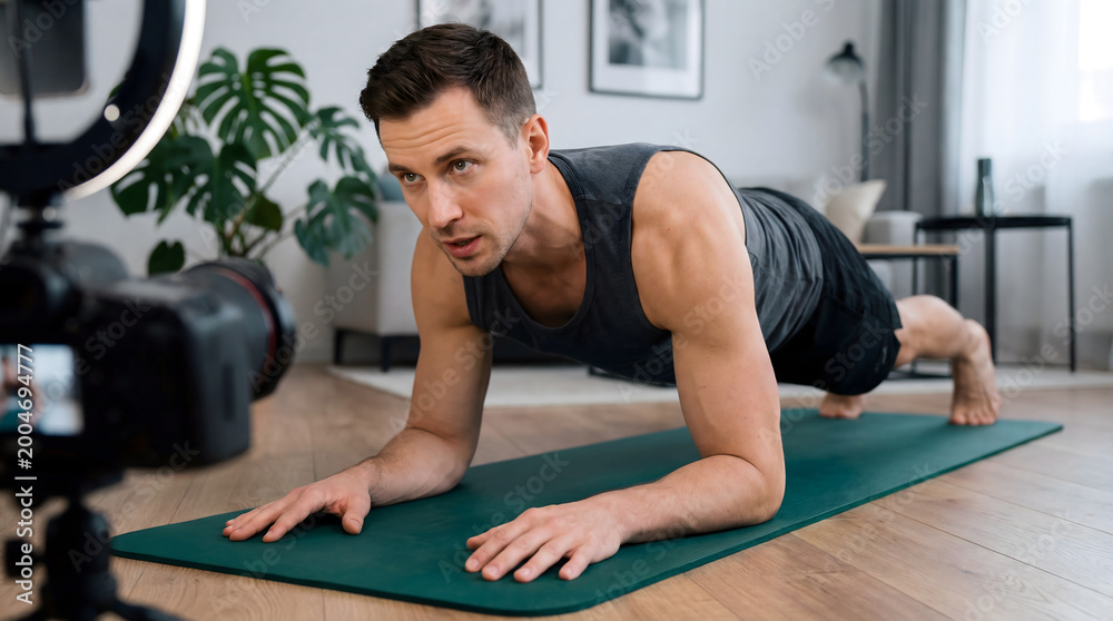 Naklejka premium Male fitness influencer recording workout tutorial on yoga mat at home