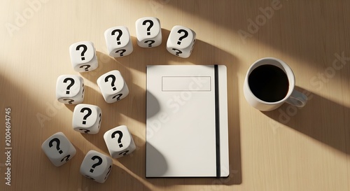 White notebook and cup of coffee with question mark dice