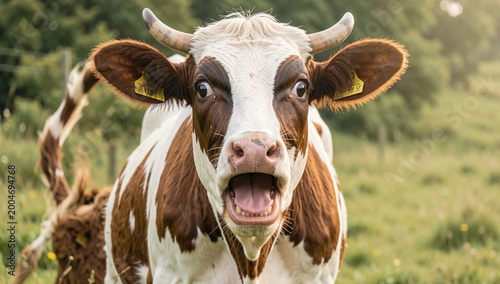Surprised cow standing in the grassy field.