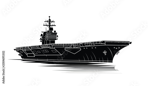 Foto Detailed black silhouette of a modern aircraft carrier on water with reflection