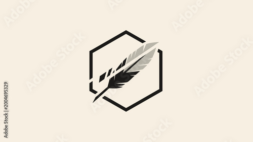 Stylized feather inside a broken hexagon frame, in black and gray