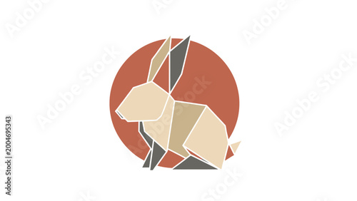 Geometric paper-cut style rabbit silhouette against a rustic circular background