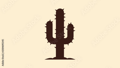 Silhouette of a spiny cactus plant emerges from sandy ground on a light beige background
