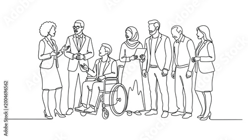 continuous line drawing Diverse group of people standing together.