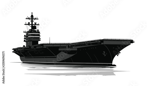 Canvas Print Detailed black silhouette of a modern aircraft carrier on water with reflection