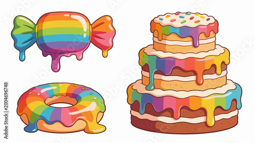 A vibrant and playful illustration of a rainbow popsicle dripping onto a glazed donut. Perfect for depicting summertime fun, cheerful branding, or swe