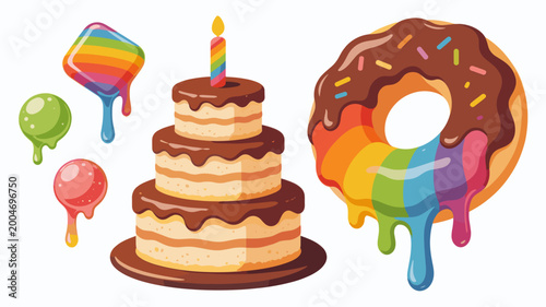 A vibrant and playful illustration of dripping candies and a layered cake. Perfect for confectionery branding, food blogs, or adding a sweet touch to 
