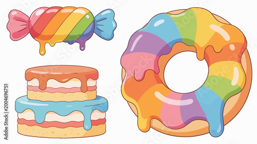 A cheerful illustration of stacked pancakes with dripping colorful glaze. Perfect for breakfast themed content, cafe menus, or sweet treat advertising