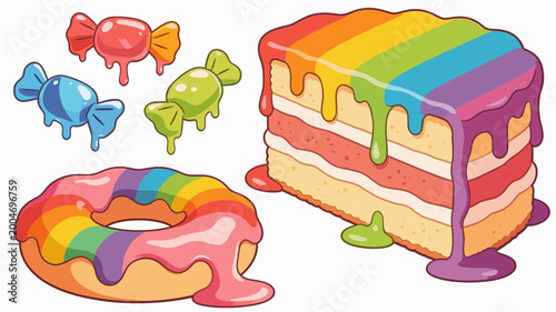 A vibrant and playful illustration of a rainbow donut with dripping frosting and assorted candies. Perfect for branding, event promotions, or adding a