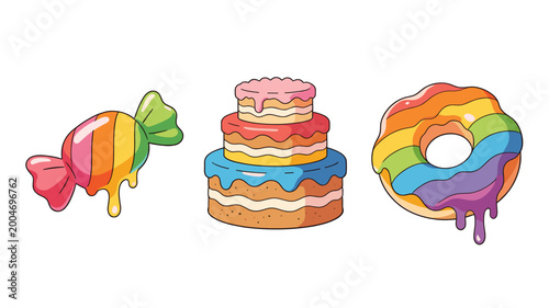 A vibrant illustration of a wrapped candy with melting drips, perfect for depicting sweetness, treats, and childhood joy. Suitable for confectionery a
