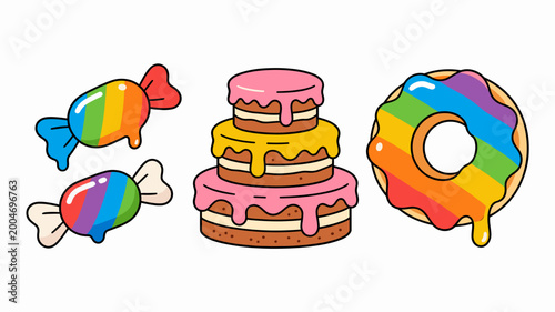 This cheerful illustration of rainbow candies evokes a sense of sweetness and fun, perfect for concepts related to treats, celebrations, and playful m