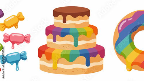 A playful arrangement of brightly colored candies creates a sweet and cheerful mood, perfect for illustrating confectionery, celebrations, or childlik