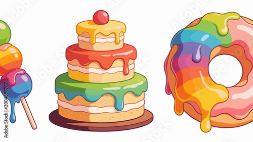 A vibrant, cartoon-style illustration of lollipops and a stack of pancakes. Perfect for conveying a sense of joy, indulgence, and playful themes in fo