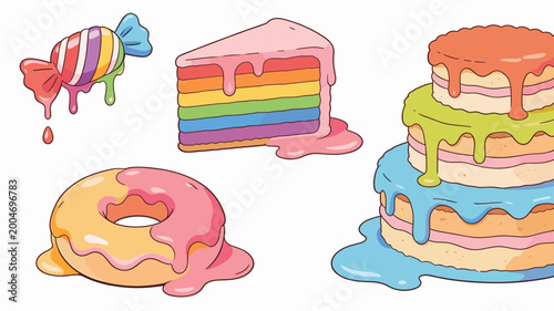 A playful illustration featuring a melting lollipop over a glazed doughnut. Perfect for confectionery branding, dessert menus, or food-related content
