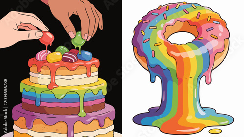 A vibrant, colorful illustration of a layer cake being decorated with icing. Perfect for celebrating joyful events, illustrating a sweet treat, or rep