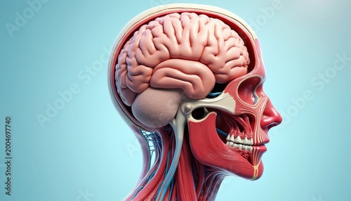 Detailed human head anatomy illustration shows brain, skull, muscles, nerves and blood vessels in a cross-section. Medical visual for education and science communication.
