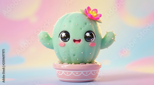 Cute 3D cartoon cactus with big eyes, pink flower, and rosy cheeks sits in a decorative pot against a soft pastel background.