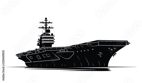 Tableau sur toile Detailed black silhouette of a modern aircraft carrier on water isolated on a wh