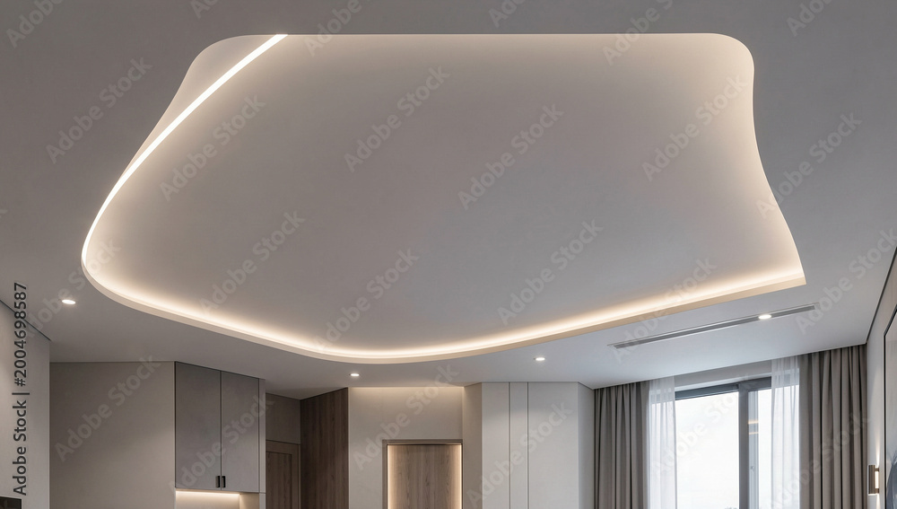 Fototapeta premium An open office area featuring a curved ceiling design with recessed lighting. Large windows provide natural light.