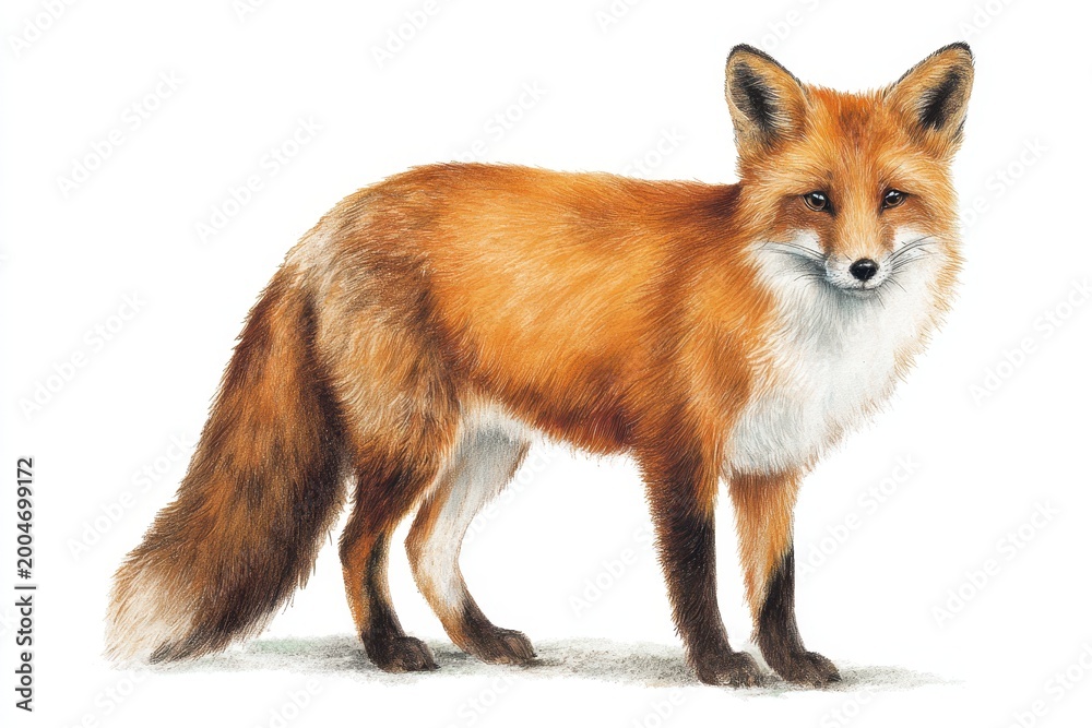 Fototapeta premium Gentle European red fox illustration with warm fur hues on a white surface