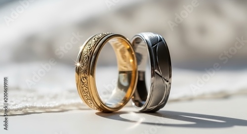 Wedding rings in soft light setting showcasing intricate details and textures. Beautiful wedding rings symbolize love and commitment on marital journey.