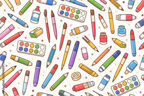 Seamless Repeatable Pattern of Hand Drawn Art Supplies and Drawing Tools. Colorful Background Featuring Pencils, Paintbrushes, Markers, Watercolor Palettes, and Erasers for Creative School Projects.