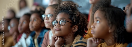 Diverse Classroom Focus: A group of attentive elementary children are intently listening and focusing on a lesson during class.