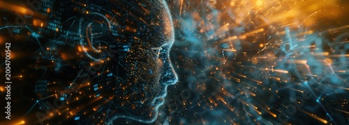 Mind's Eye: A mesmerizing visual of a human form emerging from a swirling cloud of interconnected data, illustrating the nexus of mind and technology.