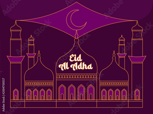 Luxury Eid Mubarak Greeting Card with Golden Mosque Outline on Purple Background