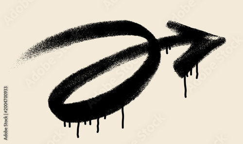 Stipple art graffiti with drips arrow with loop, spray texture and grain shading. Black and white abstract vector arrow for street art posters, direction signs, and creative design elements. Vector