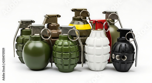 Collection of hand grenades isolated on a white background, diverse weaponry assortment