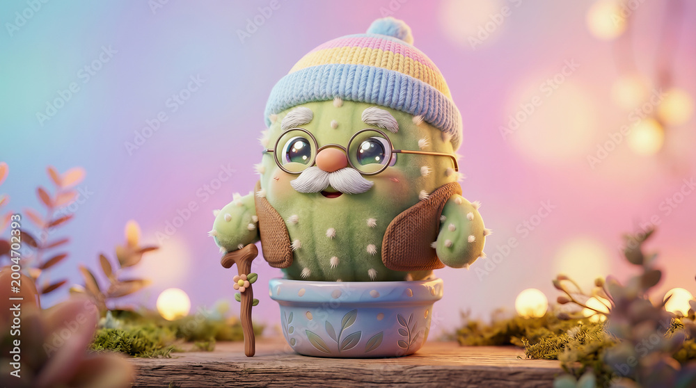 Fototapeta premium Cute cartoon cactus character wearing a colorful striped hat and glasses, holding a walking stick, sitting in a pot on a wooden surface with festive lights in background.