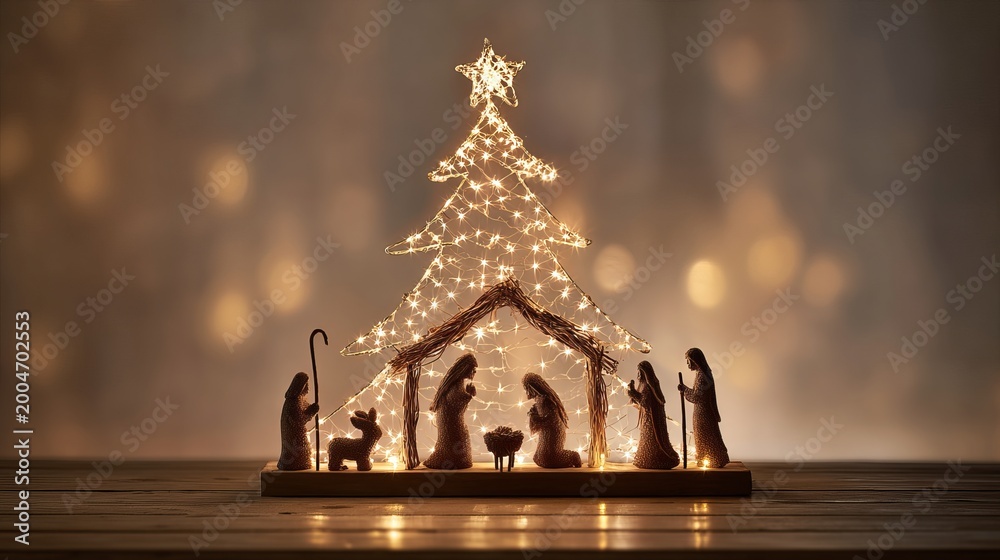 Naklejka premium Sparkling Christmas tree and nativity scene stand out against a soft background, their bright, warm lights creating a festive, cozy feeling.
