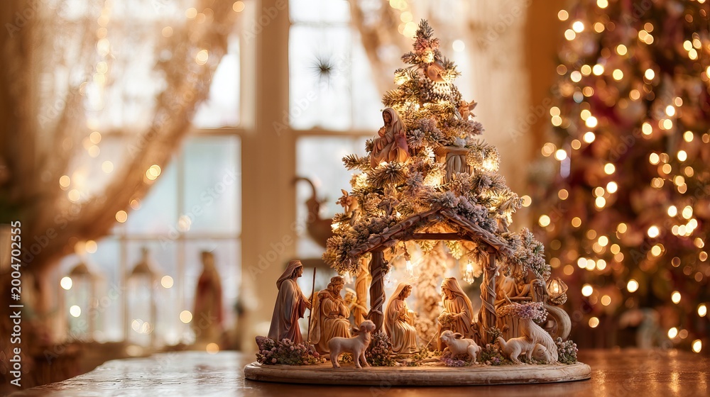 Fototapeta premium Sparkling Christmas tree and nativity scene stand out against a soft background, their bright, warm lights creating a festive, cozy feeling.