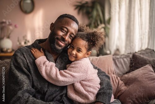 Candid embrace in a warm home setting, celebrating connection and joy between a dad and his young daughter