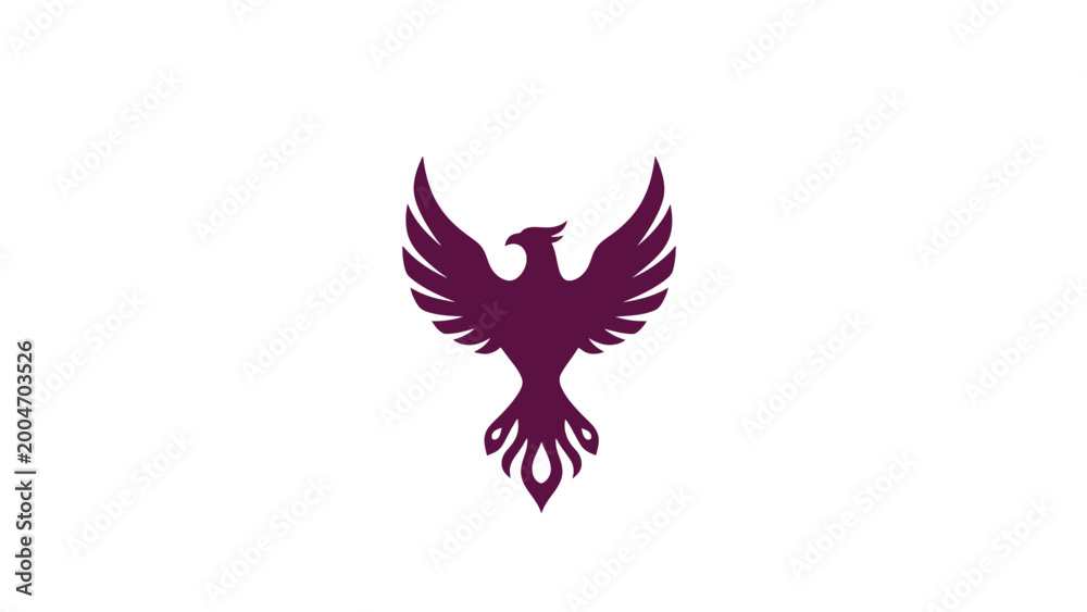 Fototapeta premium A stylized, dark purple phoenix with spread wings and ornate tail feathers against a white background