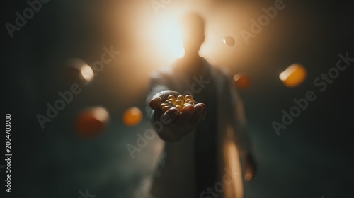 Hand Holding Golden Spheres in Darkened Room