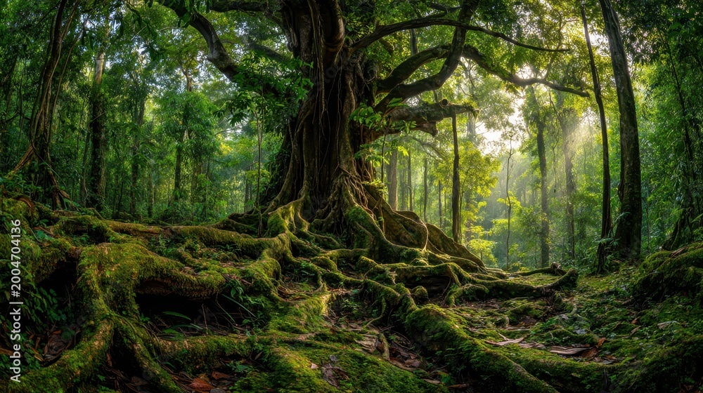 Fototapeta premium Emerald jungle scene featuring an ancient tree and colossal roots