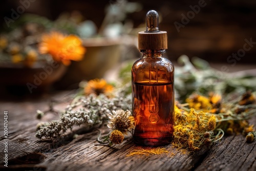 Amber tincture bottle with dried herbs on wooden surface, selective focus