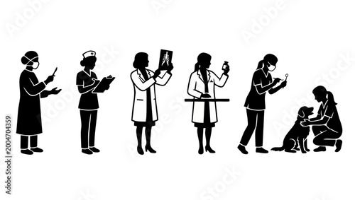 Tableau sur toile Medical Professionals Silhouette Icons Set, Doctors and Nurses in Clinical Pract