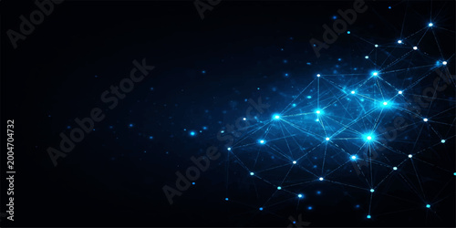 Glowing blue data network with interconnected nodes and flowing lines on dark futuristic background, cybernetic systems, global connectivity, and tech innovation