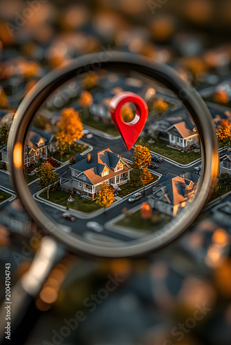 Magnifying glass focusing on a suburban home with a red location pin, illustrating real estate search, property discovery, housing market, and neighborhood mapping.